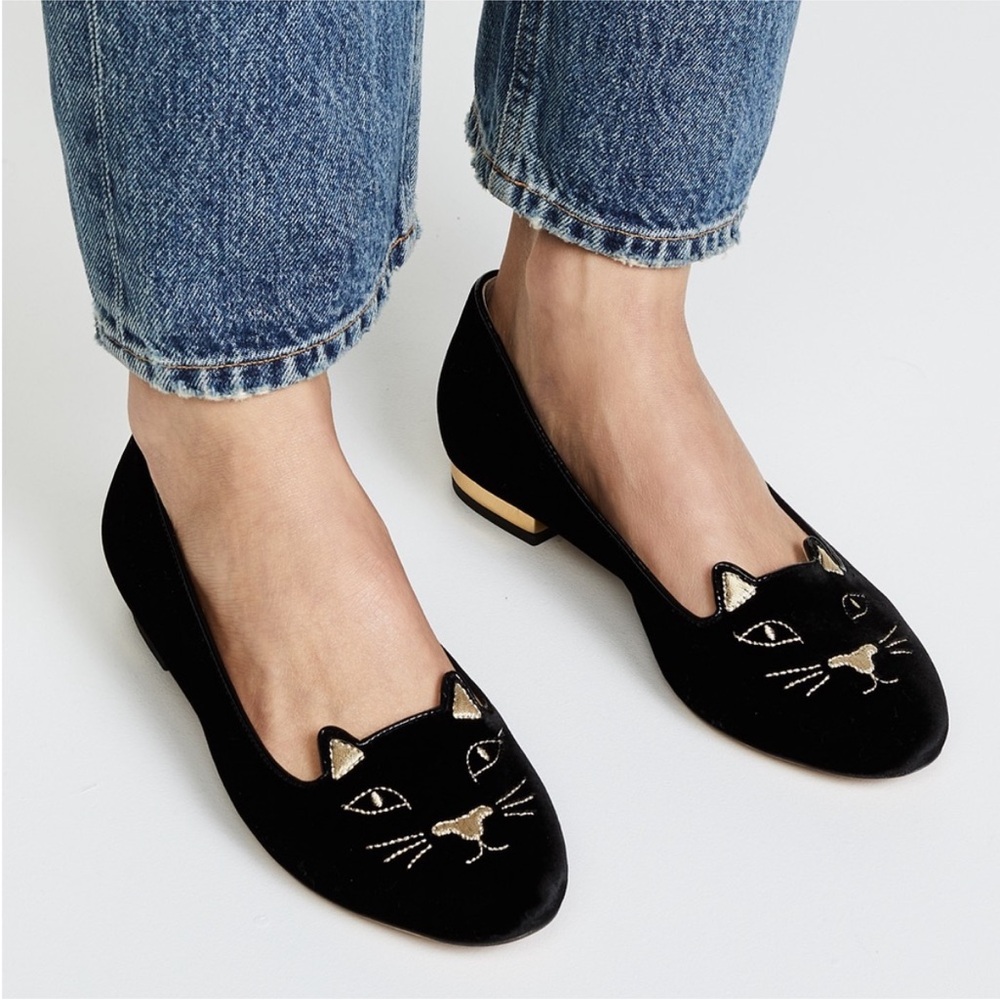 Charlotte Olympia Black and Gold Cat Flats